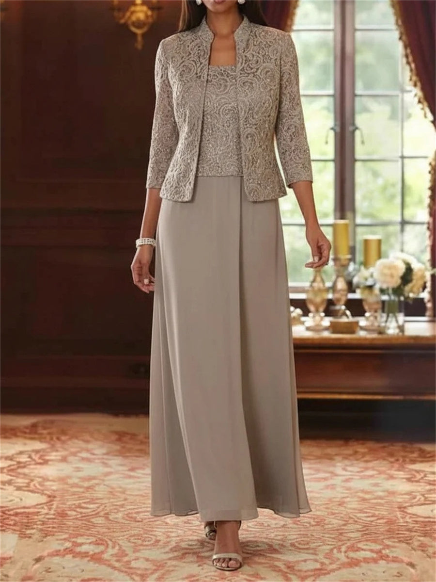 A-line/Princess Straps Appliques Lace Ankle-Length Chiffon Corset Mother of the Bride Dress