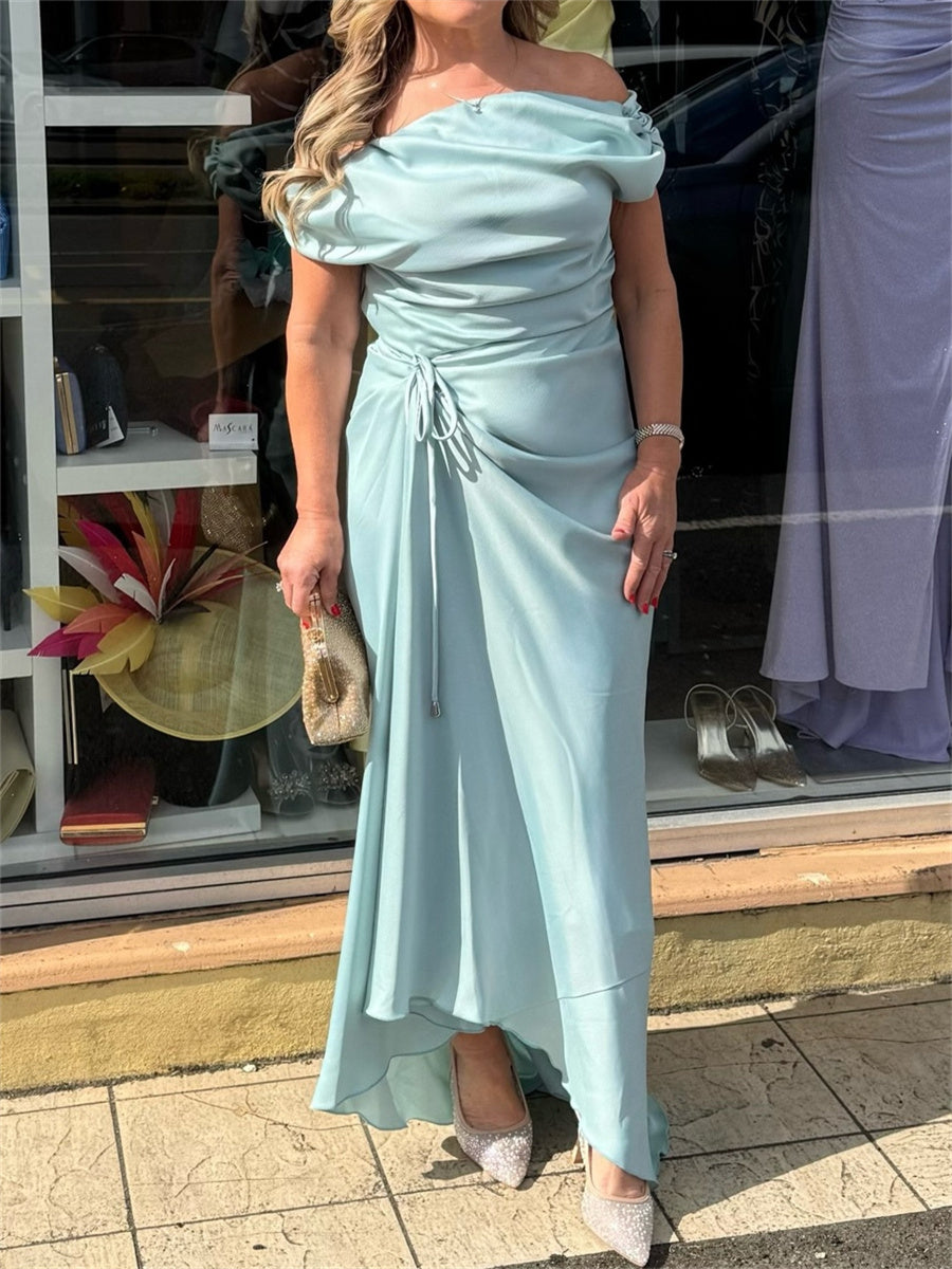 Sheath/Column Off-the-Shoulder Pleated Floor-Length Satin Chiffon Corset Mother of the Bride Dress
