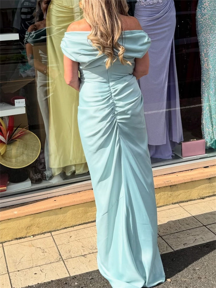 Sheath/Column Off-the-Shoulder Pleated Floor-Length Satin Chiffon Corset Mother of the Bride Dress