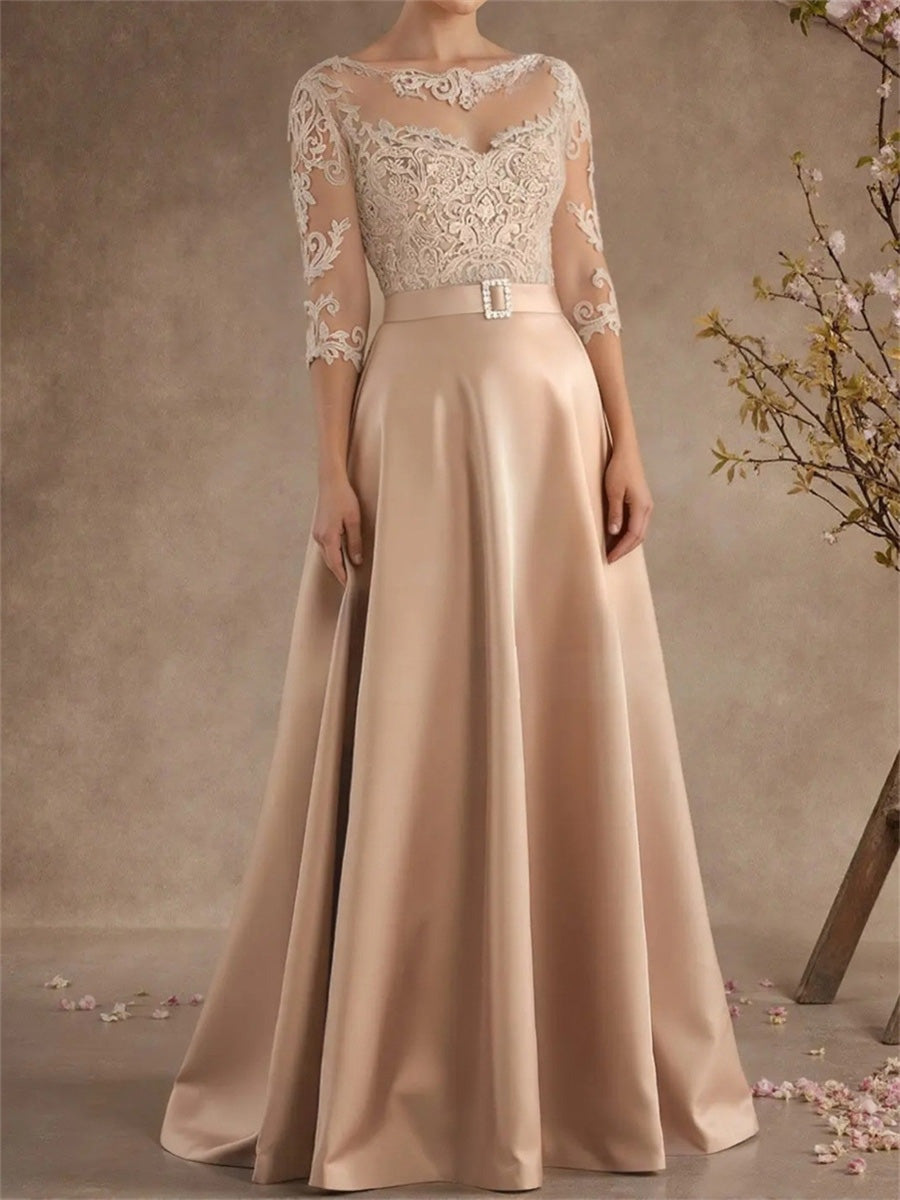 A-line/Princess Scoop 3/4 Sleeves Appliques Lace Floor-Length Silk Like Satin Corset Mother of the Bride Dress