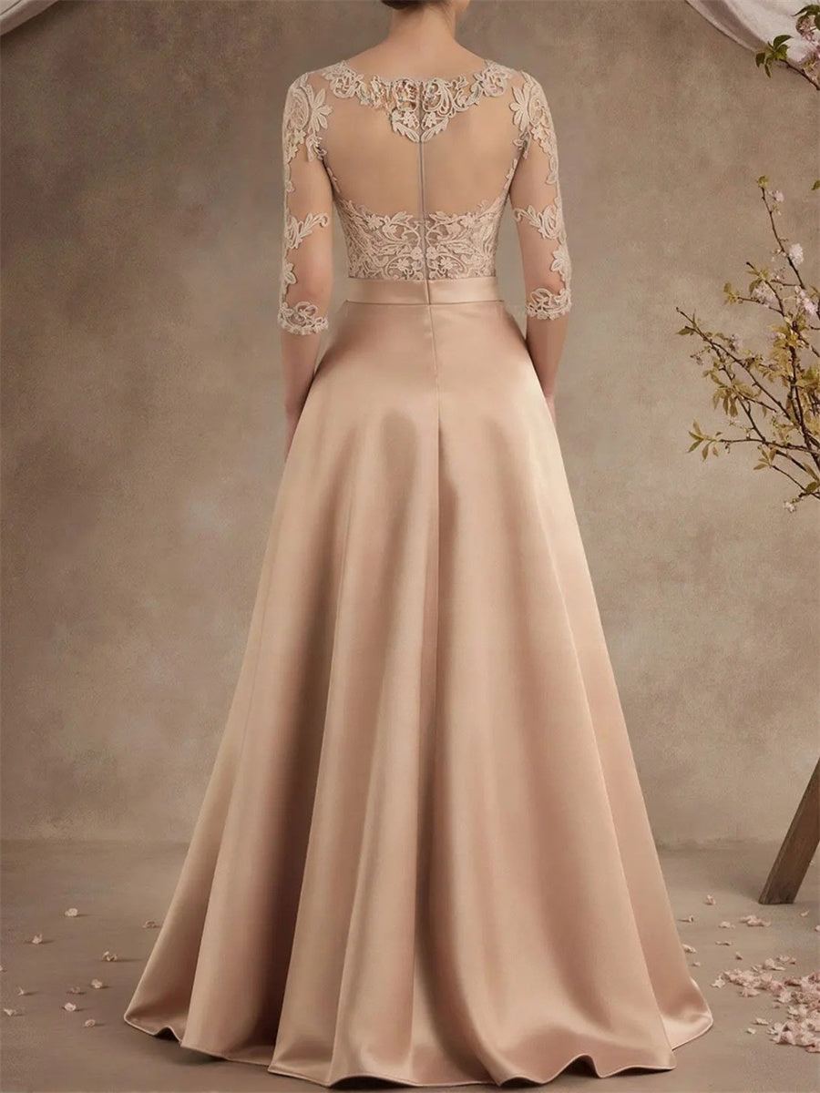 A-line/Princess Scoop 3/4 Sleeves Appliques Lace Floor-Length Silk Like Satin Corset Mother of the Bride Dress