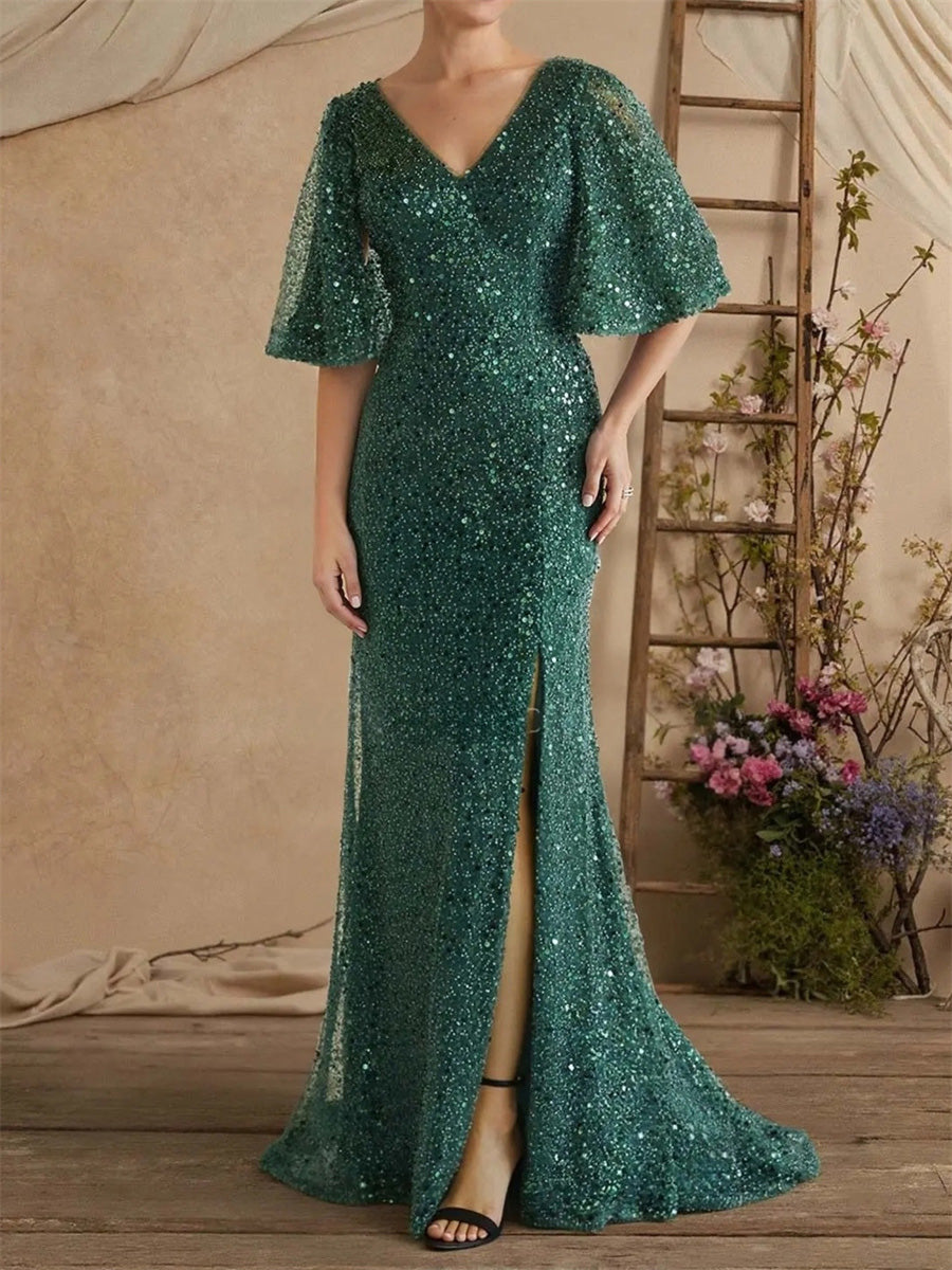 Sheath/Column V-neck 1/2 Sleeves Sweep Train Tulle Mother of the Bride Dress