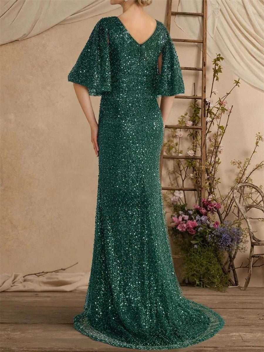 Sheath/Column V-neck 1/2 Sleeves Sweep Train Tulle Mother of the Bride Dress