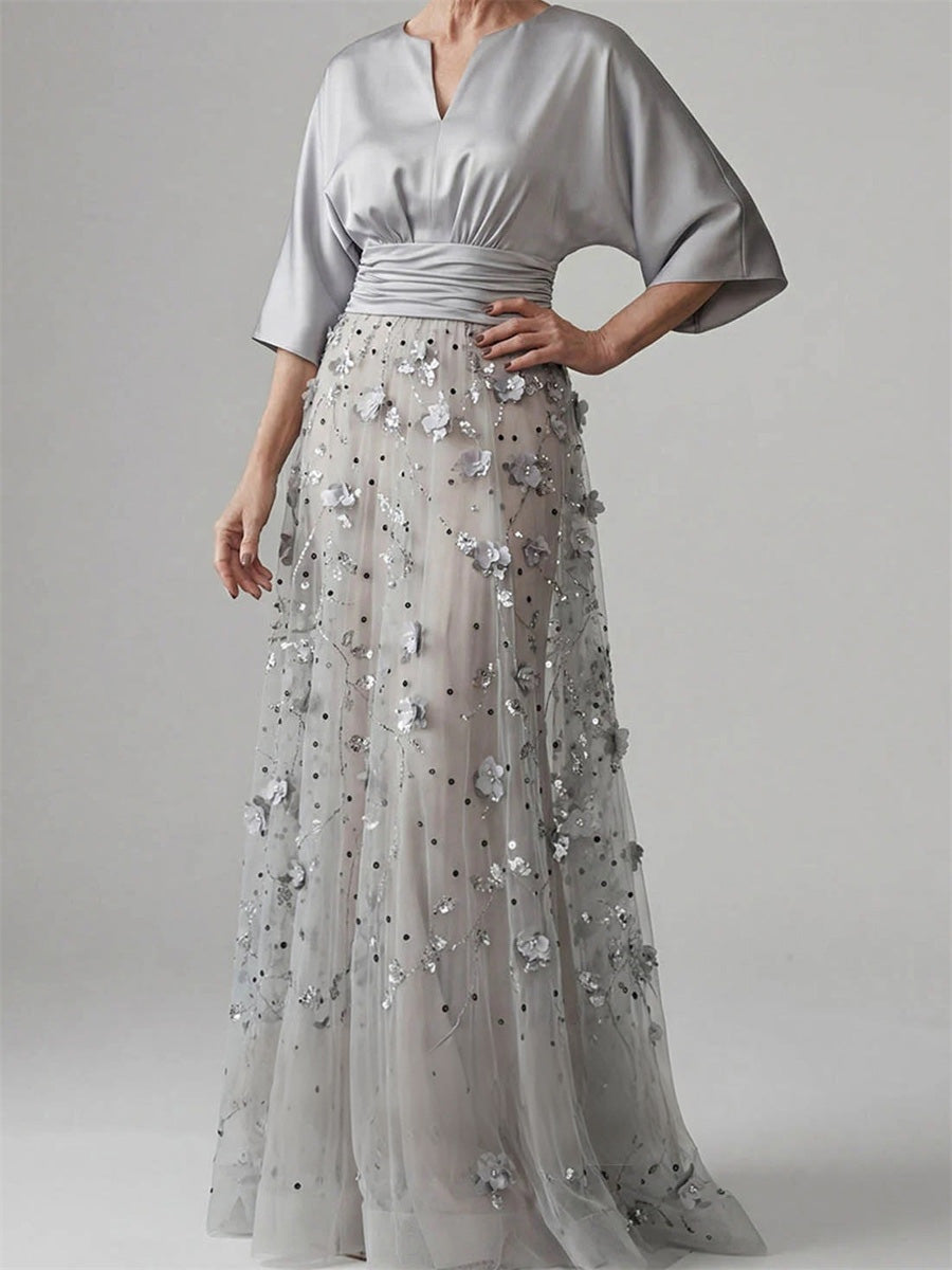 A-line/Princess Scoop 3/4 Sleeves Appliques Lace Floor-Length Silk Like Satin Corset Mother of the Bride Dress