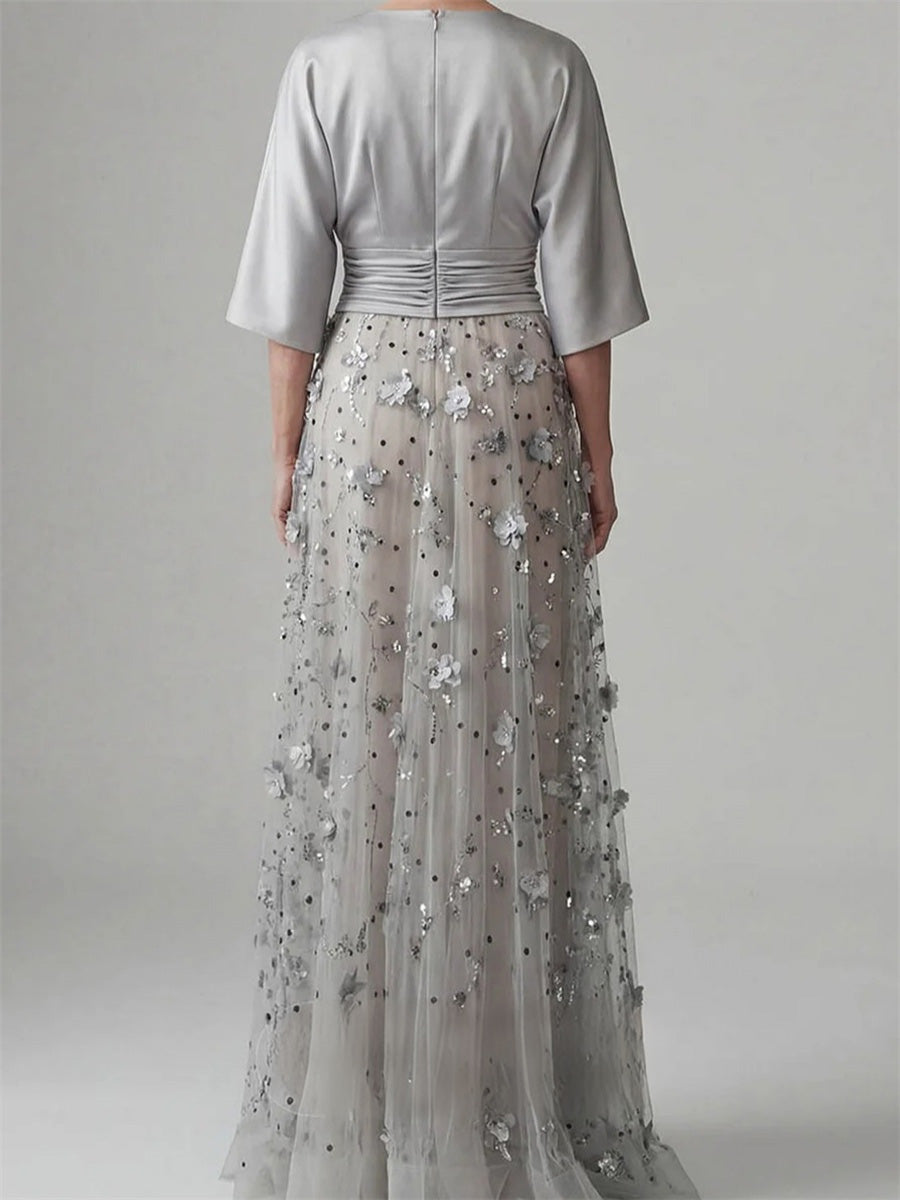 A-line/Princess Scoop 3/4 Sleeves Appliques Lace Floor-Length Silk Like Satin Corset Mother of the Bride Dress