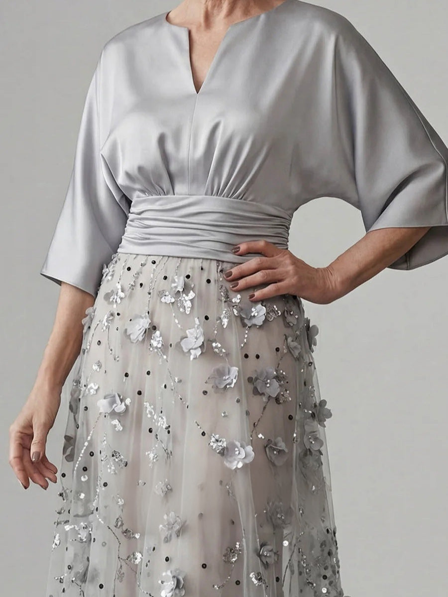 A-line/Princess Scoop 3/4 Sleeves Appliques Lace Floor-Length Silk Like Satin Corset Mother of the Bride Dress