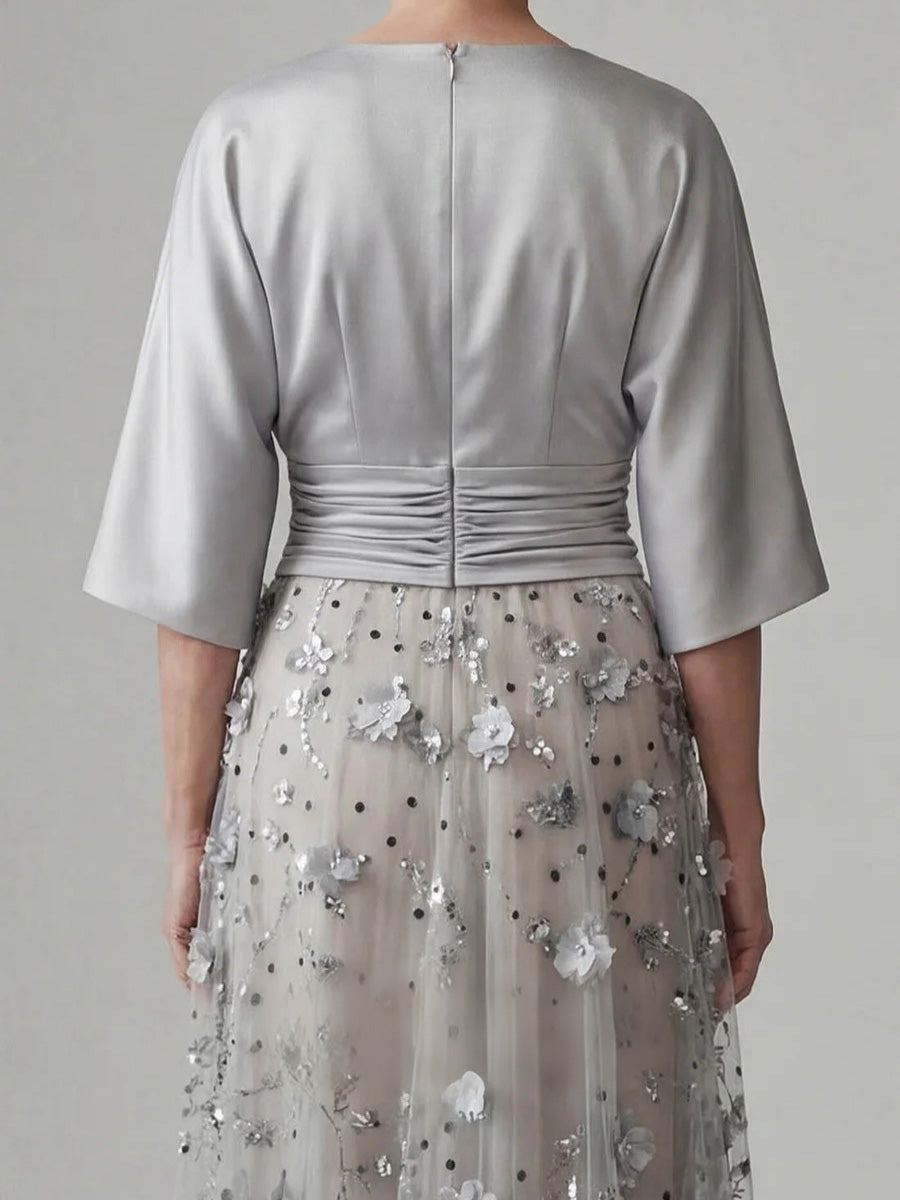 A-line/Princess Scoop 3/4 Sleeves Appliques Lace Floor-Length Silk Like Satin Corset Mother of the Bride Dress