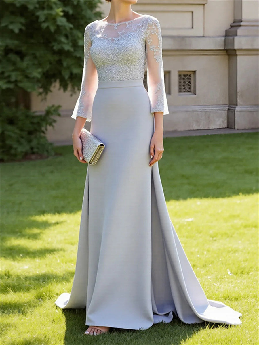 Sheath/Column Scoop 3/4 Sleeves Appliques Lace Sweep Train Stretch Crepe Corset Mother of the Bride Dress