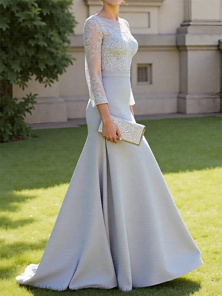 Sheath/Column Scoop 3/4 Sleeves Appliques Lace Sweep Train Stretch Crepe Corset Mother of the Bride Dress