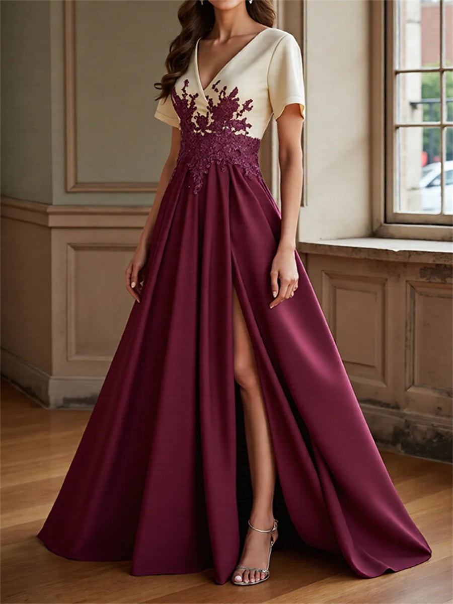 A-line/Princess V-neck Short Sleeves Appliques Lace Floor-Length Charmeuse Corset Mother of the Bride Dress