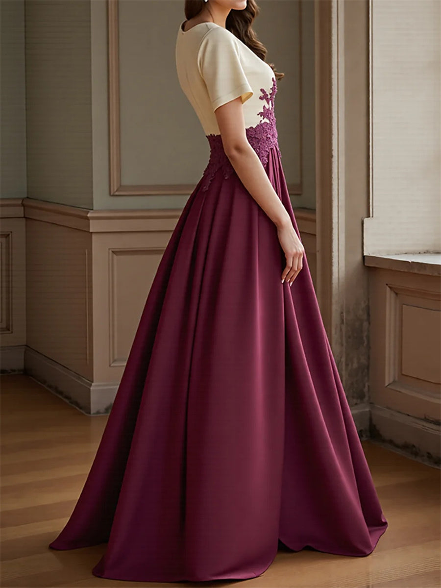 A-line/Princess V-neck Short Sleeves Appliques Lace Floor-Length Charmeuse Corset Mother of the Bride Dress