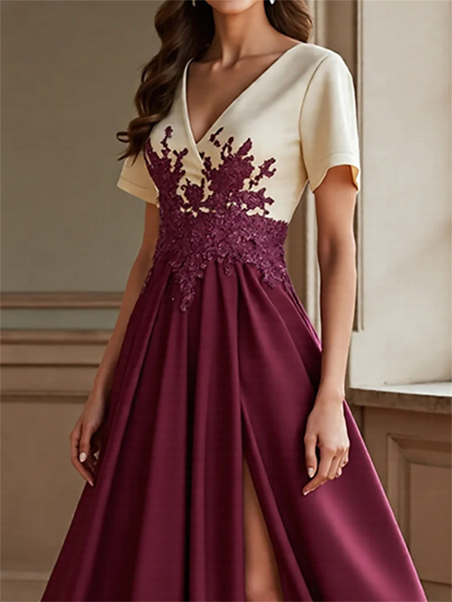 A-line/Princess V-neck Short Sleeves Appliques Lace Floor-Length Charmeuse Corset Mother of the Bride Dress