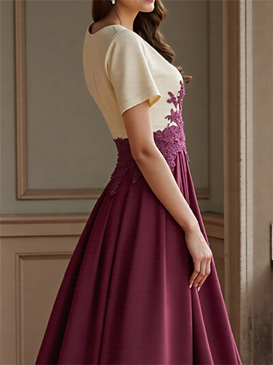 A-line/Princess V-neck Short Sleeves Appliques Lace Floor-Length Charmeuse Corset Mother of the Bride Dress