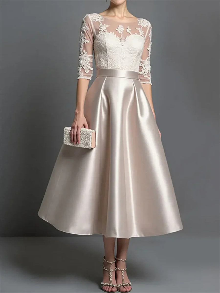 A-line/Princess Scoop 1/2 Sleeves Appliques Lace Tea-Length Satin Corset Mother of the Bride Dress