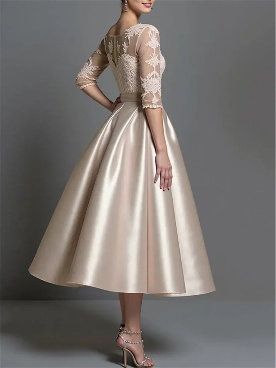 A-line/Princess Scoop 1/2 Sleeves Appliques Lace Tea-Length Satin Corset Mother of the Bride Dress