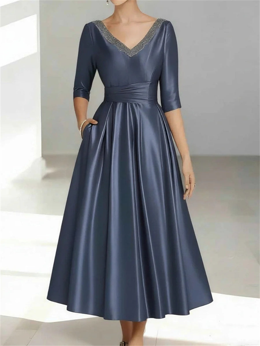 A-line/Princess V-neck 1/2 Sleeves Pleated Tea-Length Silk Like Satin Corset Mother of the Bride Dress