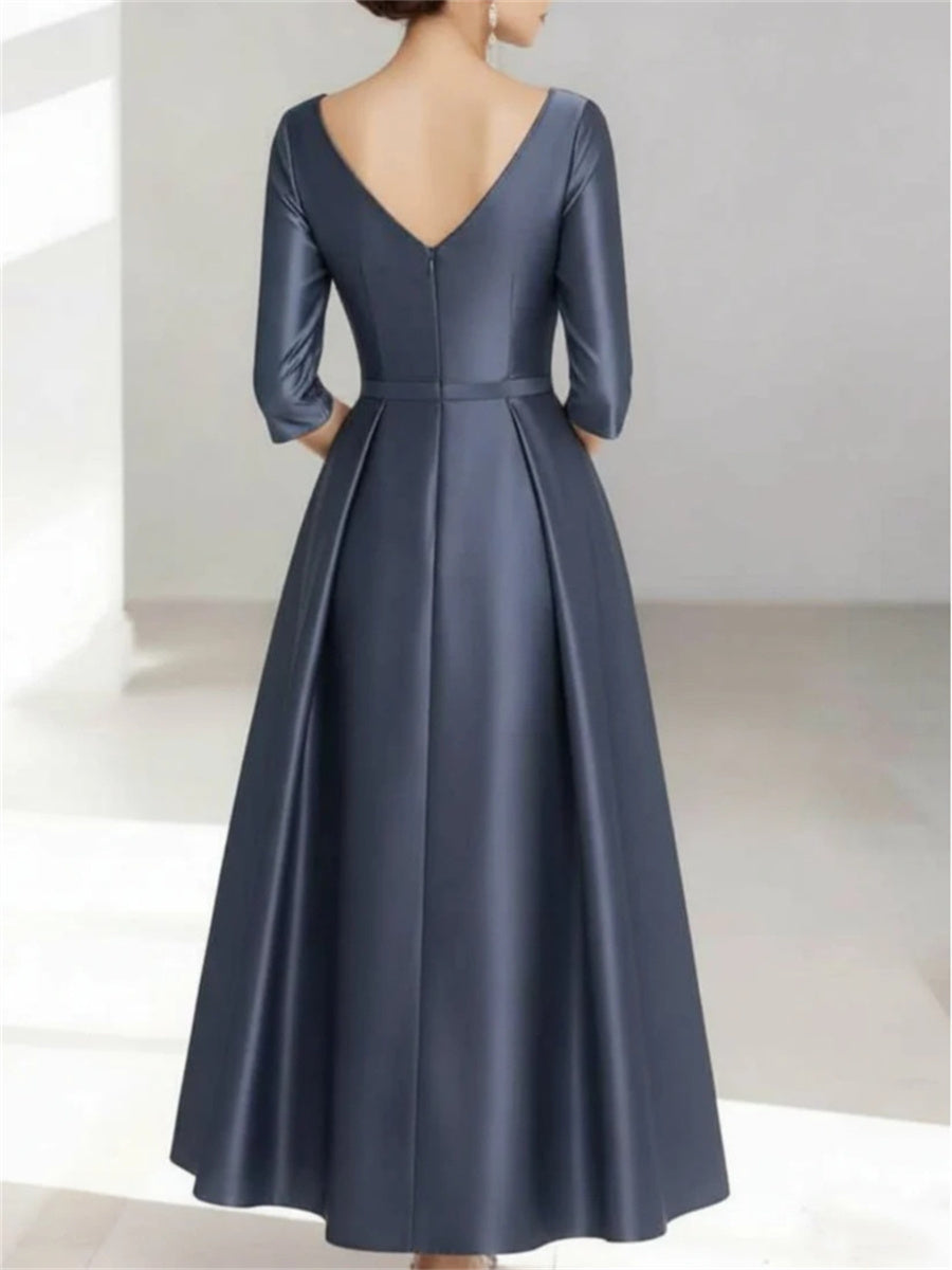 A-line/Princess V-neck 1/2 Sleeves Pleated Tea-Length Silk Like Satin Corset Mother of the Bride Dress