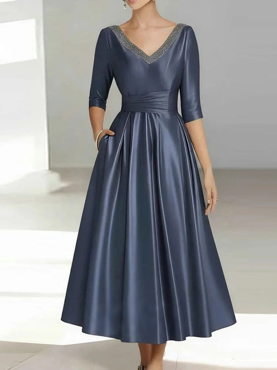A-line/Princess V-neck 1/2 Sleeves Pleated Tea-Length Silk Like Satin Corset Mother of the Bride Dress