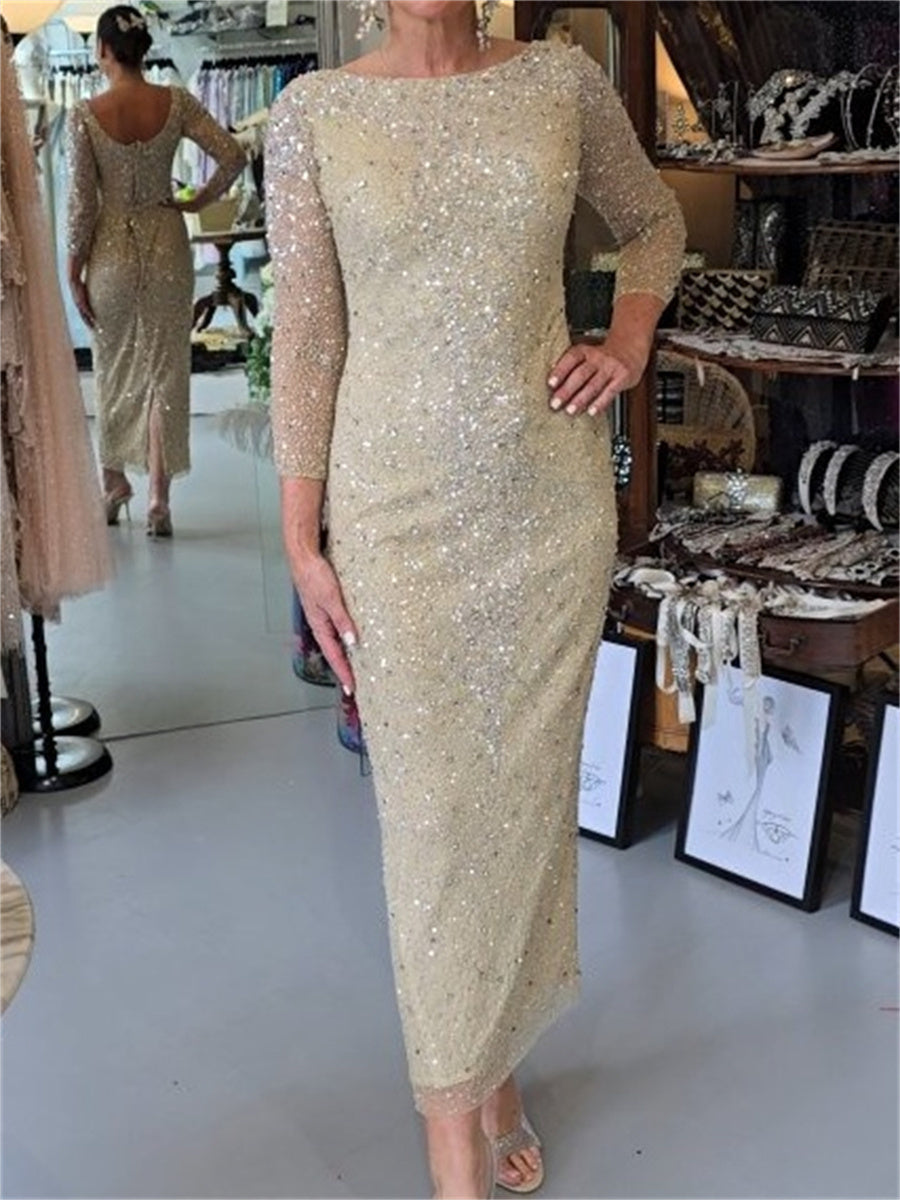 Sheath/Column Scoop 3/4 Sleeves Tea-Length Lace Mother of the Bride Dress