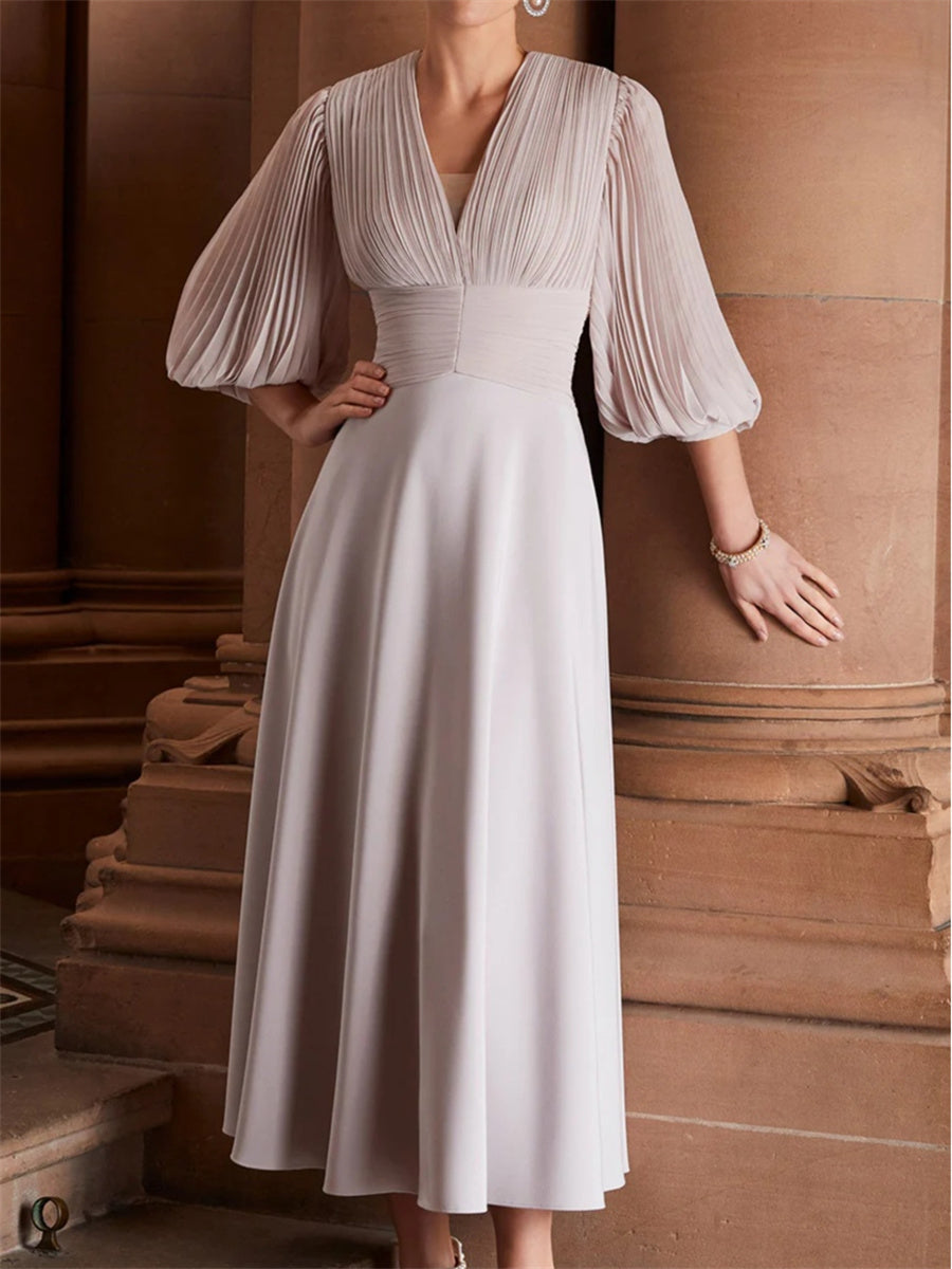A-line/Princess V-neck 3/4 Sleeves Pleated Tea-Length Stretch Crepe Corset Mother of the Bride Dress