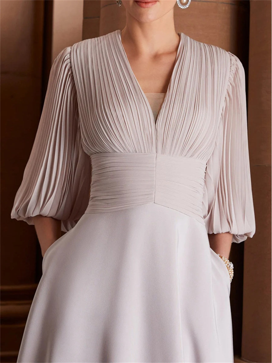 A-line/Princess V-neck 3/4 Sleeves Pleated Tea-Length Stretch Crepe Corset Mother of the Bride Dress