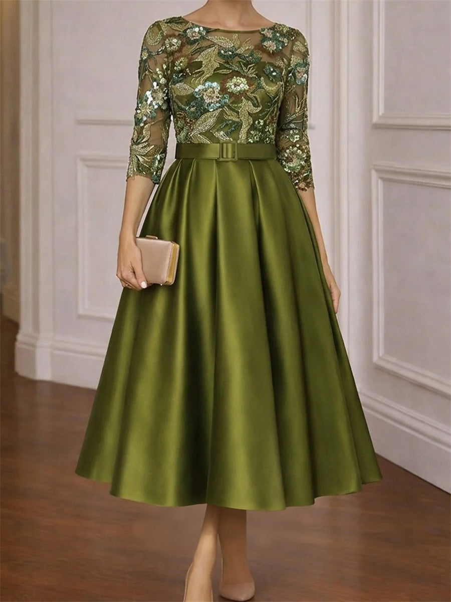 A-line/Princess Scoop 3/4 Sleeves Appliques Lace Tea-Length Satin Corset Mother of the Bride Dress