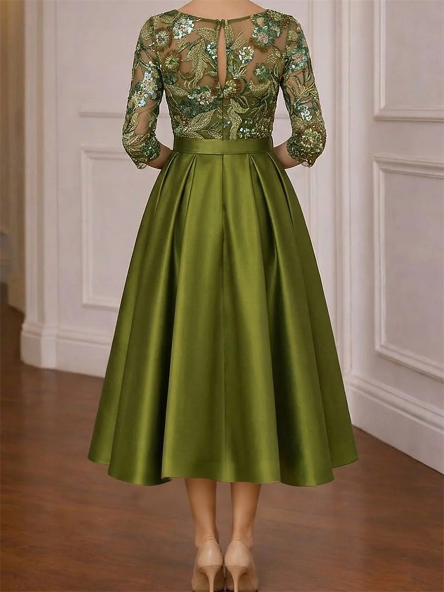 A-line/Princess Scoop 3/4 Sleeves Appliques Lace Tea-Length Satin Corset Mother of the Bride Dress