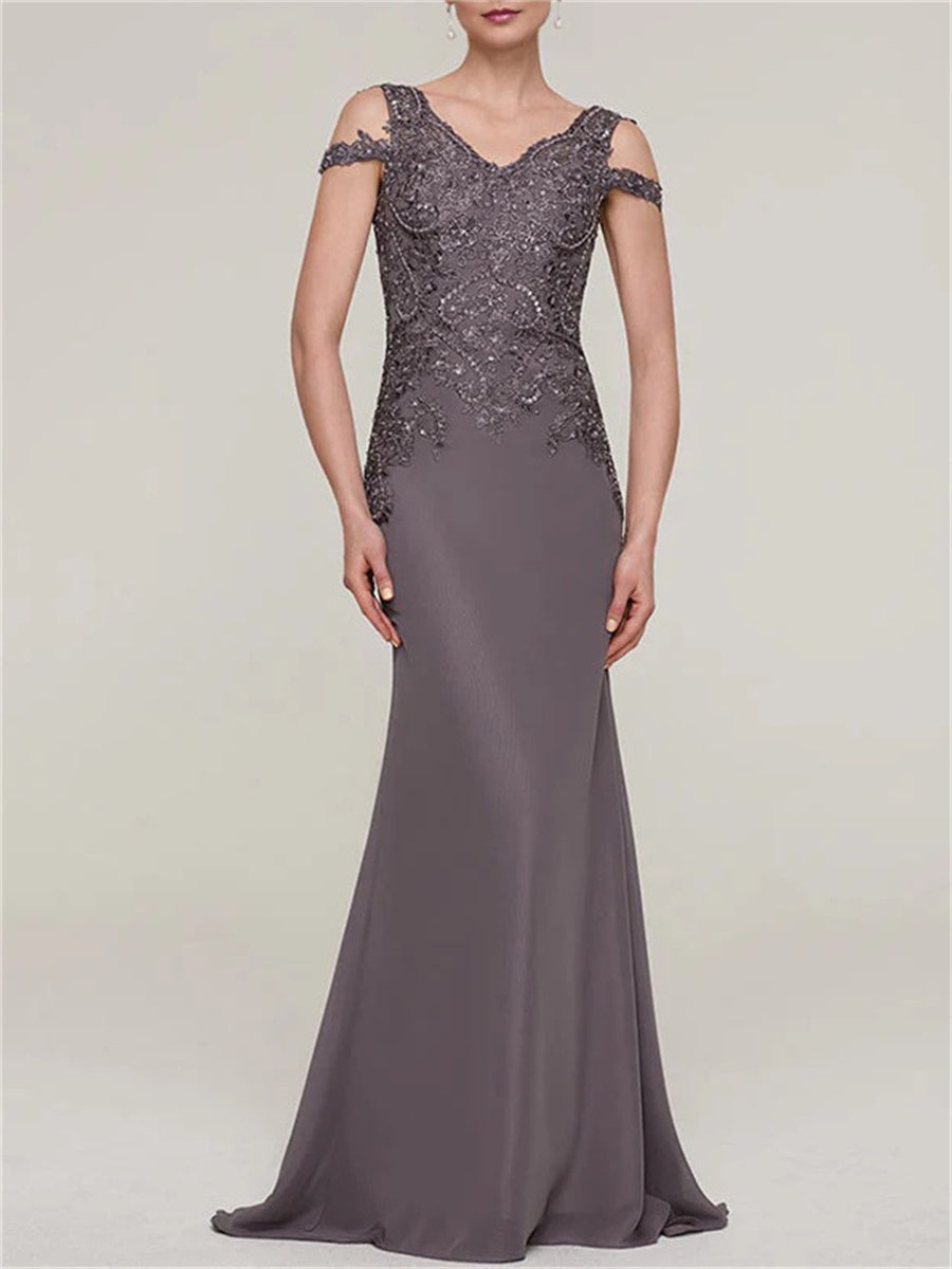 Sheath/Column Cold Shoulder Appliques Lace Floor-Length Chiffon Corset Mother of the Bride Dress