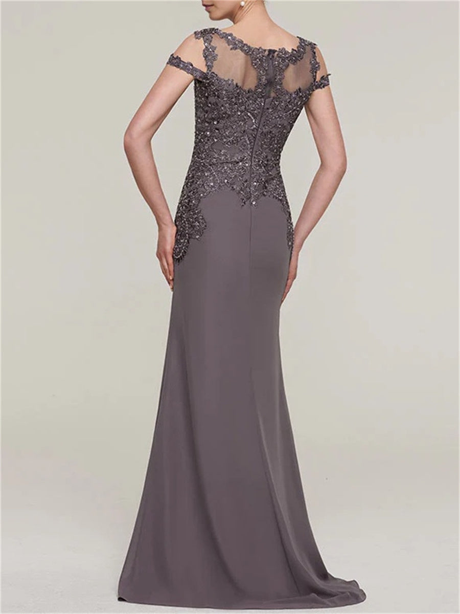 Sheath/Column Cold Shoulder Appliques Lace Floor-Length Chiffon Corset Mother of the Bride Dress