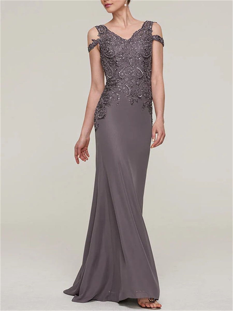 Sheath/Column Cold Shoulder Appliques Lace Floor-Length Chiffon Corset Mother of the Bride Dress