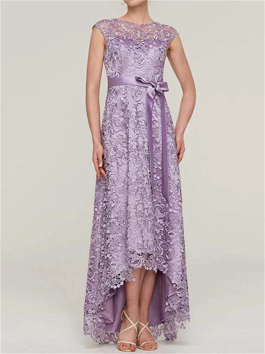 A-line/Princess Scoop Bow Asymmetrical Silk Like Satin Corset Mother of the Bride Dress