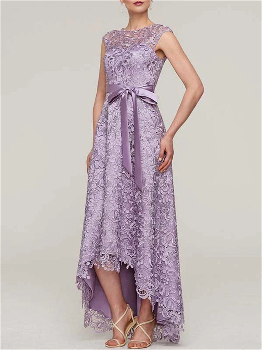 A-line/Princess Scoop Bow Asymmetrical Silk Like Satin Corset Mother of the Bride Dress