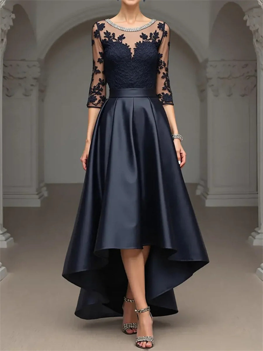A-line/Princess Scoop 3/4 Sleeves Appliques Lace Asymmetrical Satin Corset Mother of the Bride Dress