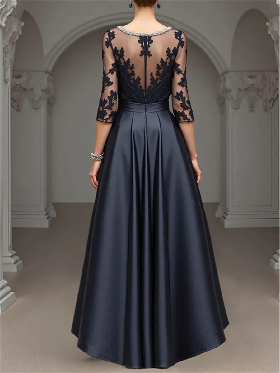 A-line/Princess Scoop 3/4 Sleeves Appliques Lace Asymmetrical Satin Corset Mother of the Bride Dress