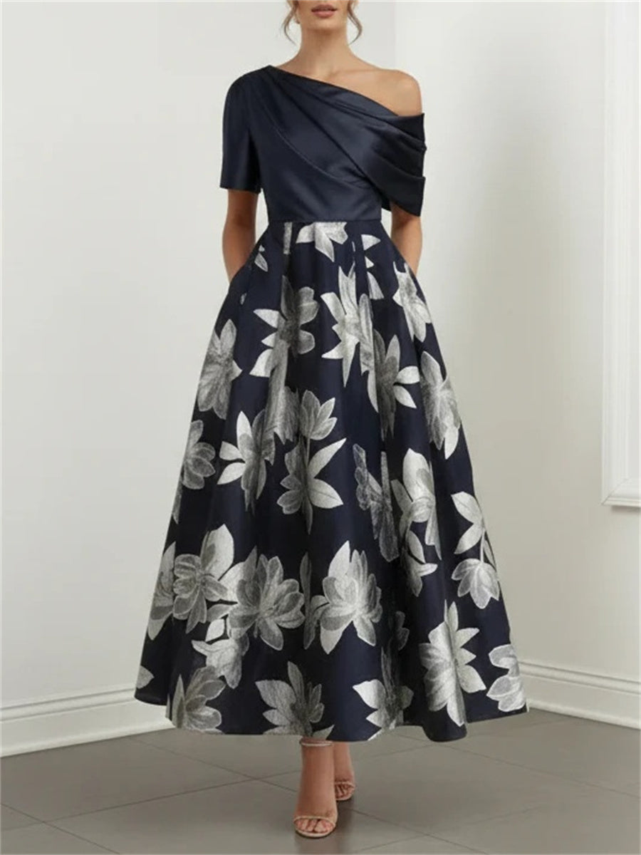 A-line/Princess One-Shoulder Short Sleeves Pleated Ankle-Length Silk Like Satin Corset Mother of the Bride Dress