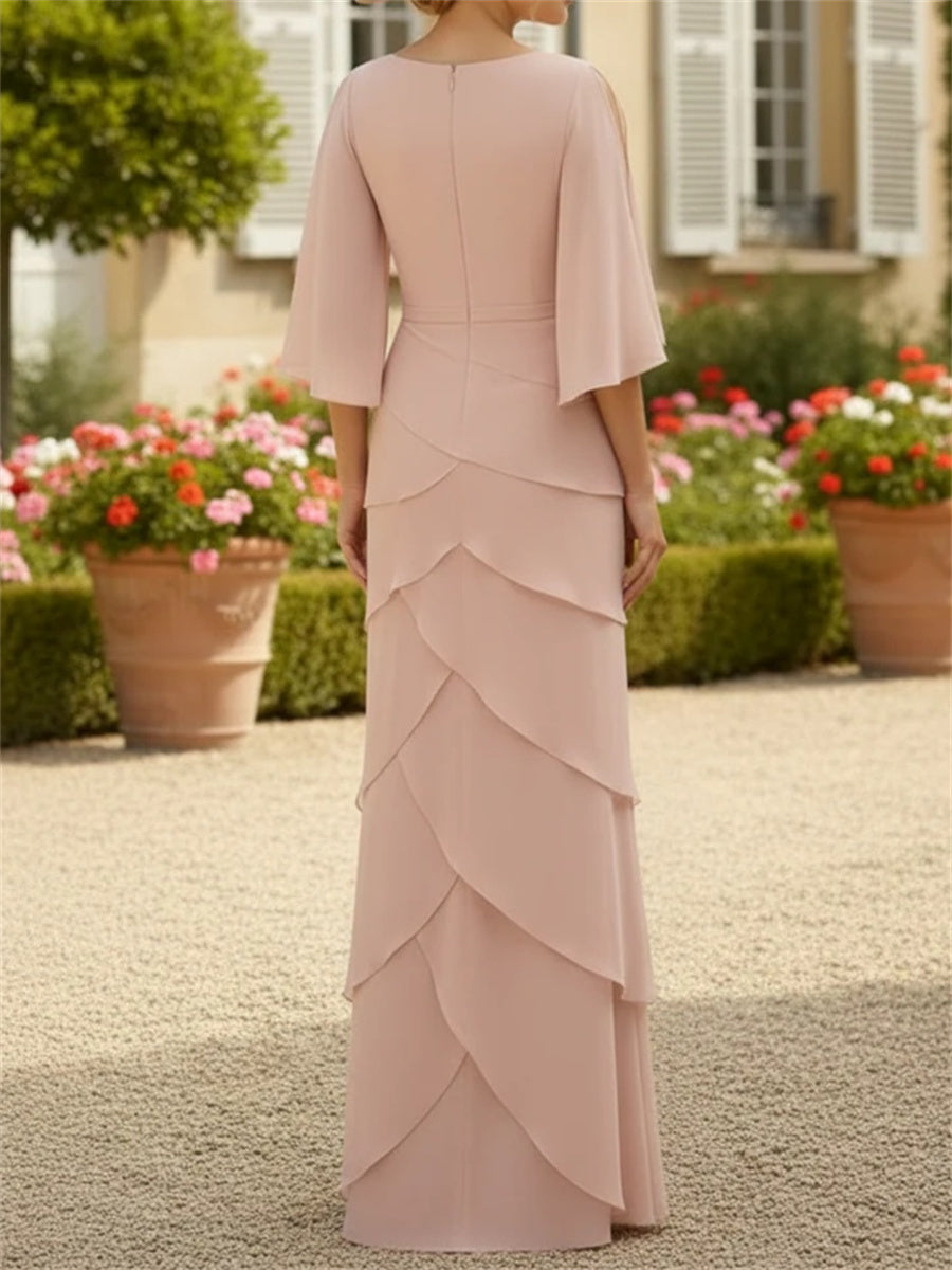 Sheath/Column V-neck 3/4 Sleeves Cascading Ruffles Floor-Length Chiffon Corset Mother of the Bride Dress
