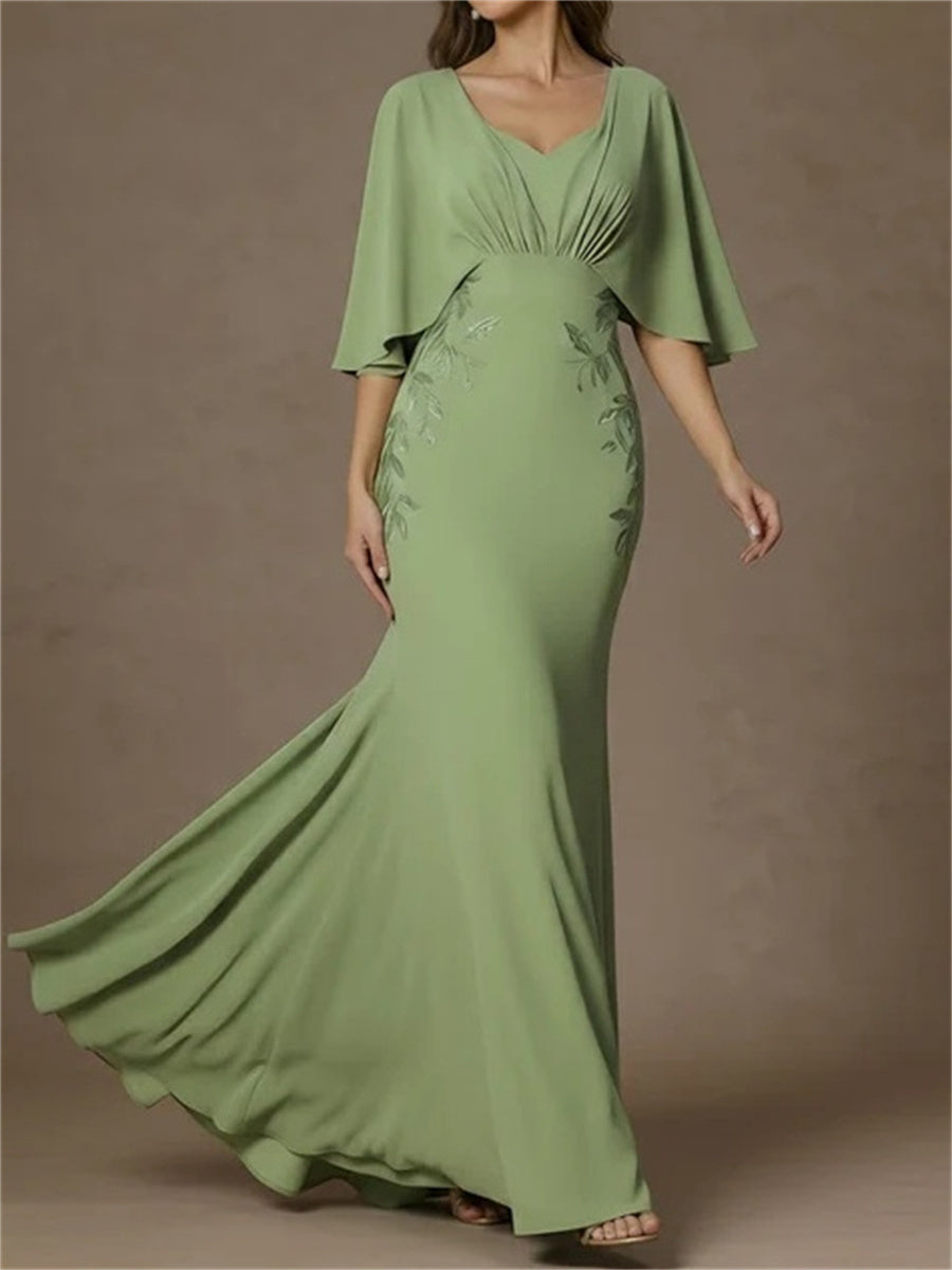 Sheath/Column Sweetheart 3/4 Sleeves Appliques Lace Floor-Length Chiffon Corset Mother of the Bride Dress