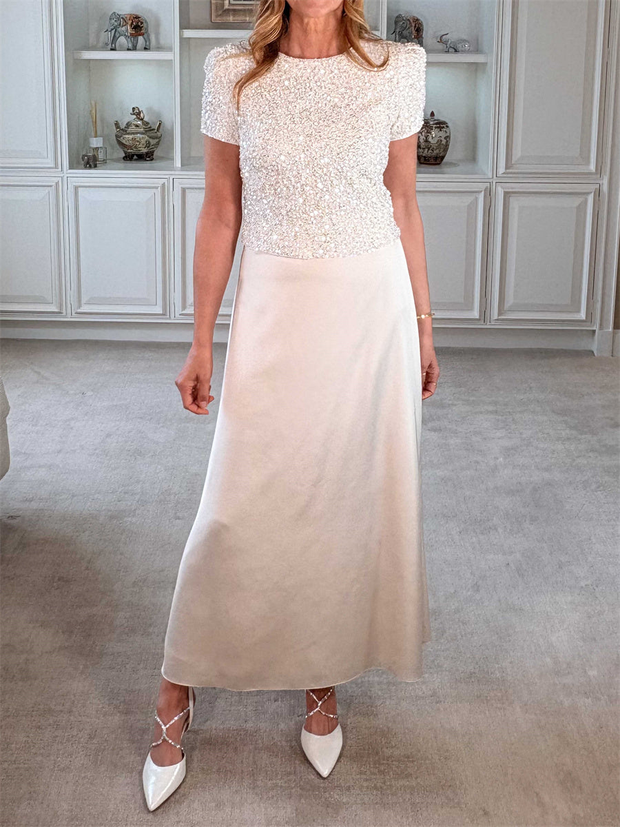 A-line/Princess Scoop Short Sleeves Ankle-Length Silk Like Satin Corset Mother of the Bride Dress