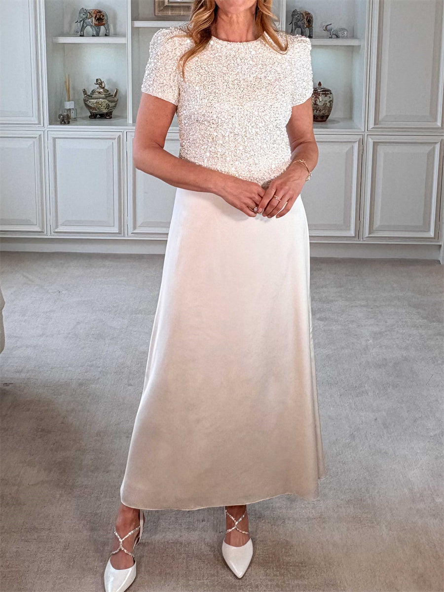 A-line/Princess Scoop Short Sleeves Ankle-Length Silk Like Satin Corset Mother of the Bride Dress