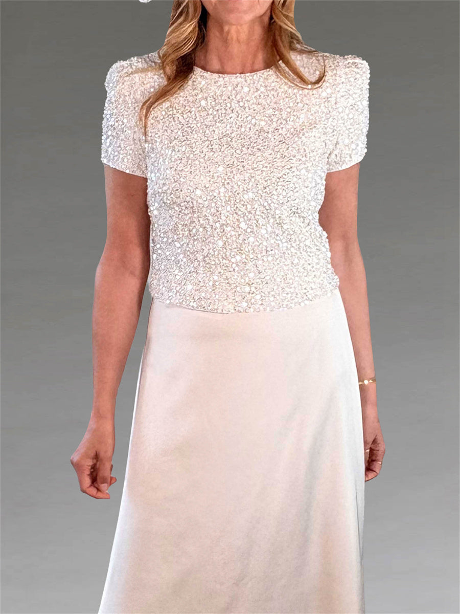 A-line/Princess Scoop Short Sleeves Ankle-Length Silk Like Satin Corset Mother of the Bride Dress