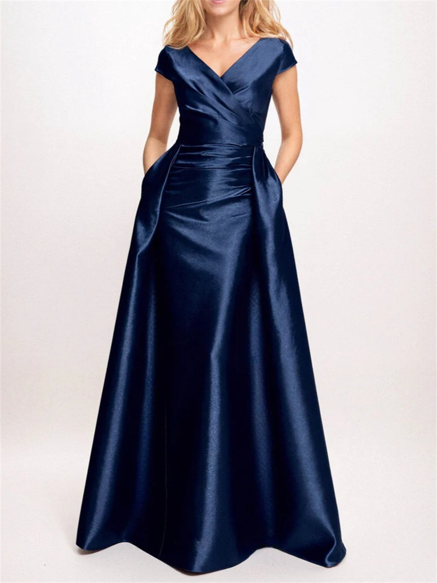 Sheath/Column V-neck Short Sleeves Pleated Floor-Length Silk Like Satin Corset Mother of the Bride Dress