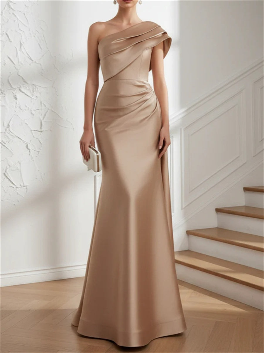 Sheath/Column One-Shoulder Pleated Floor-Length Satin Corset Mother of the Bride Dress