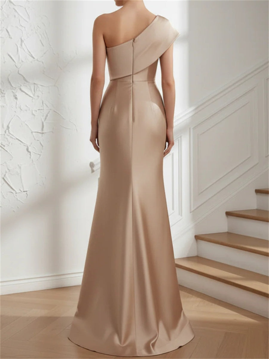 Sheath/Column One-Shoulder Pleated Floor-Length Satin Corset Mother of the Bride Dress