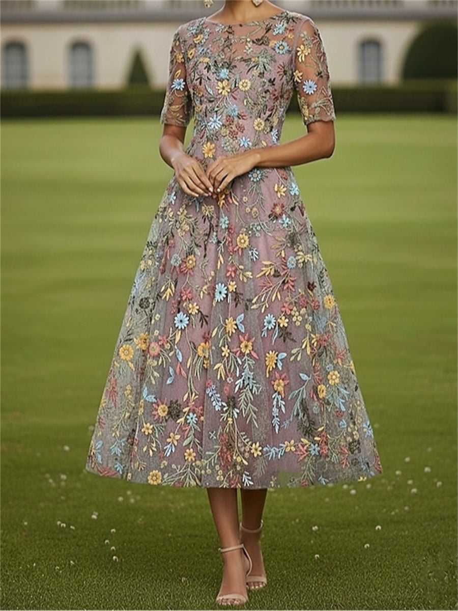 A-line/Princess Scoop 1/2 Sleeves Appliques Lace Tea-Length Lace Corset Mother of the Bride Dress