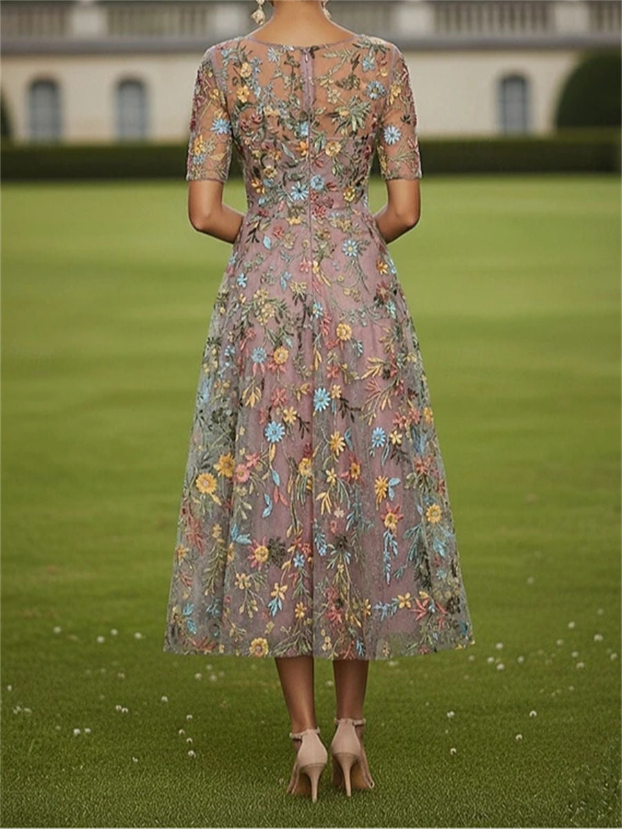 A-line/Princess Scoop 1/2 Sleeves Appliques Lace Tea-Length Lace Corset Mother of the Bride Dress