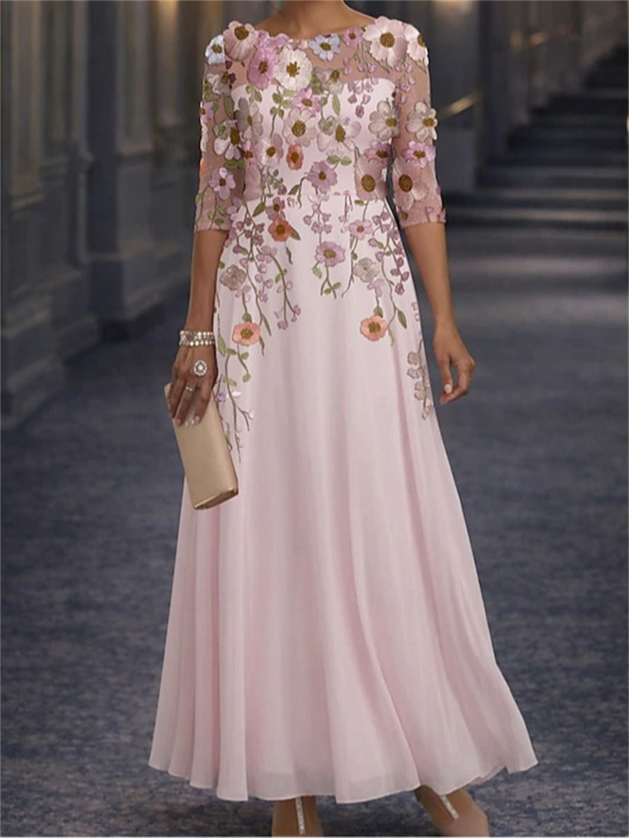 A-line/Princess Scoop 3/4 Sleeves Appliques Lace Floor-Length Chiffon Corset Mother of the Bride Dress