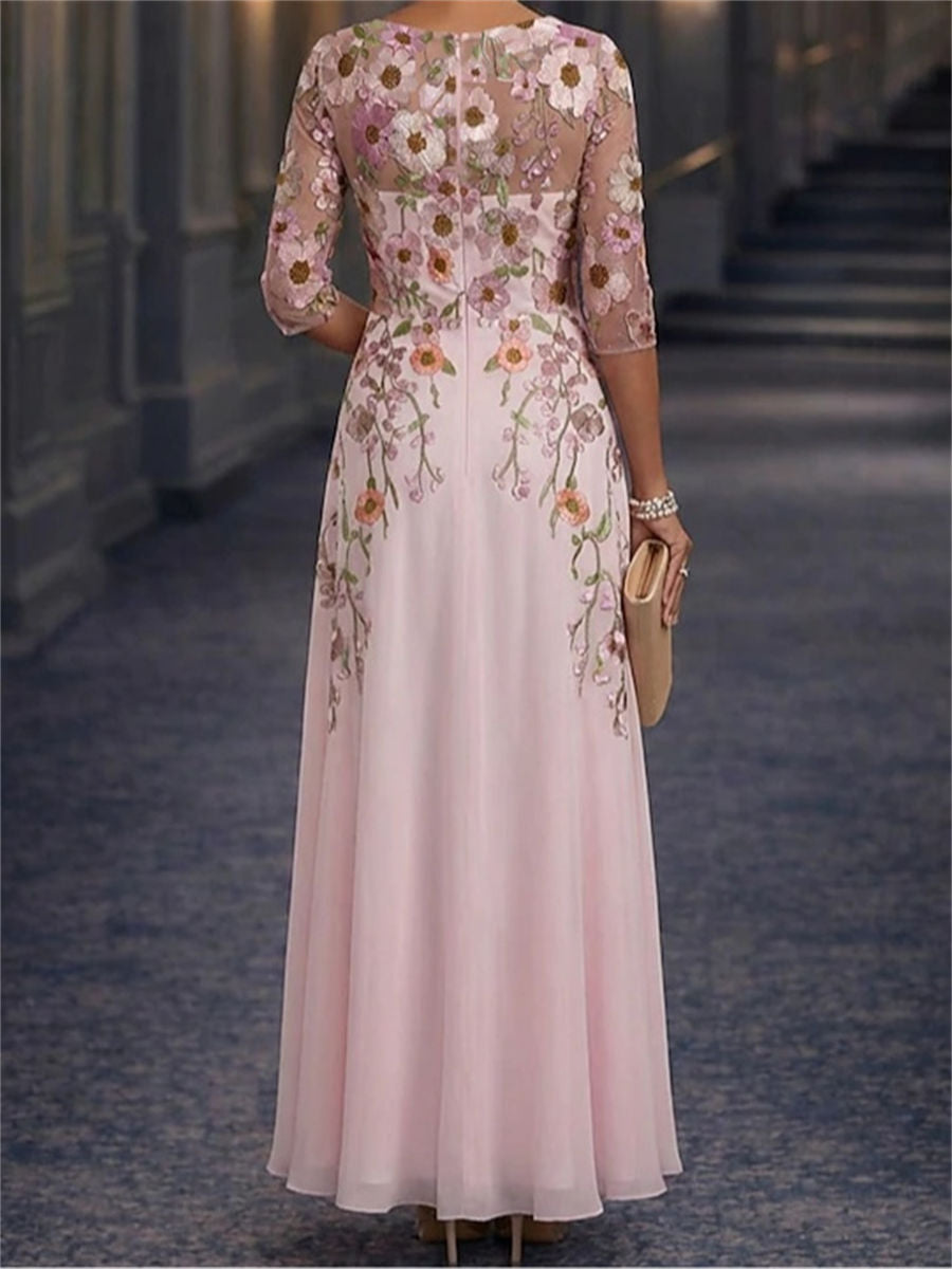 A-line/Princess Scoop 3/4 Sleeves Appliques Lace Floor-Length Chiffon Corset Mother of the Bride Dress