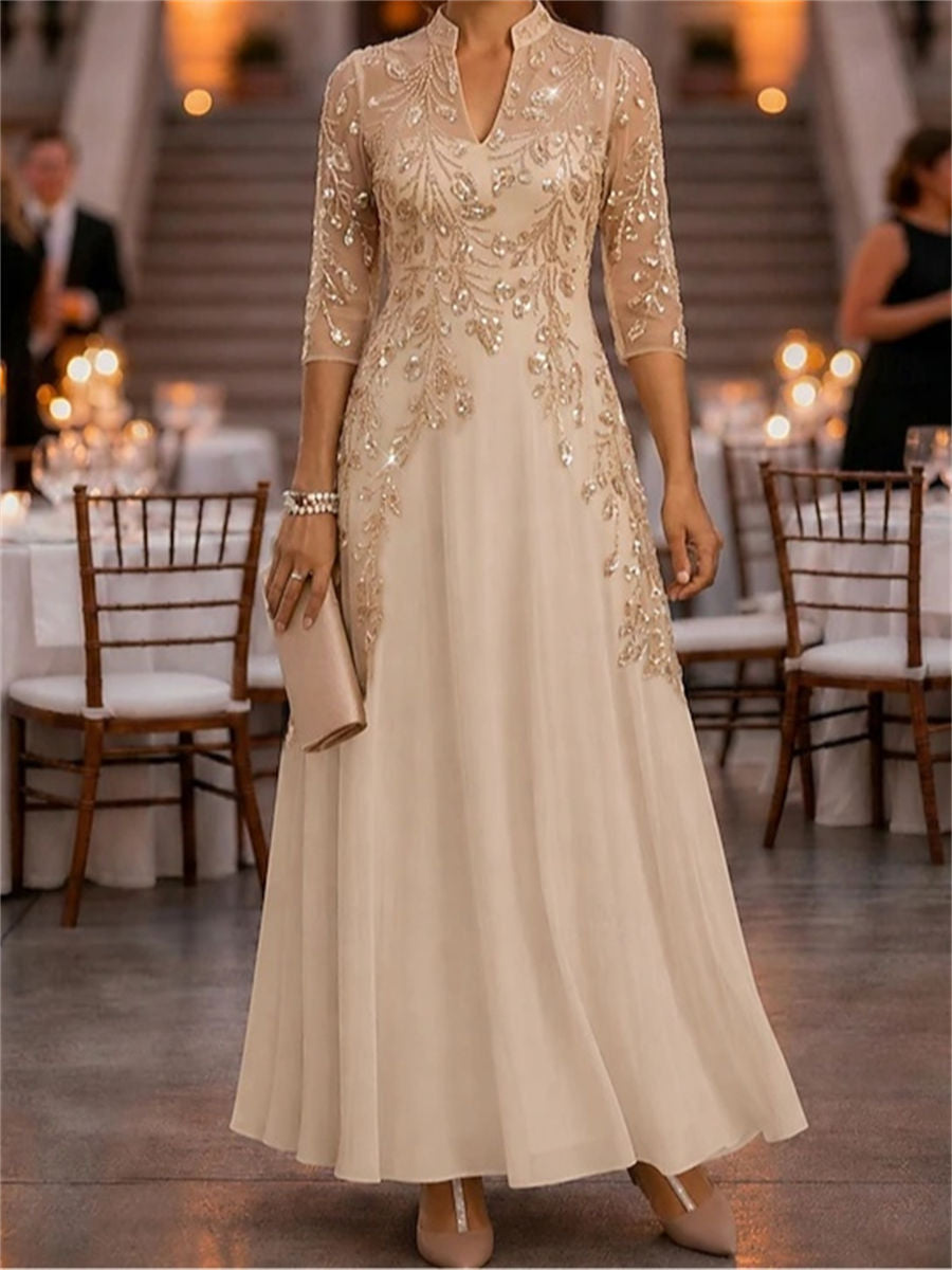 A-line/Princess High Neck 3/4 Sleeves Appliques Lace Floor-Length Chiffon Corset Mother of the Bride Dress