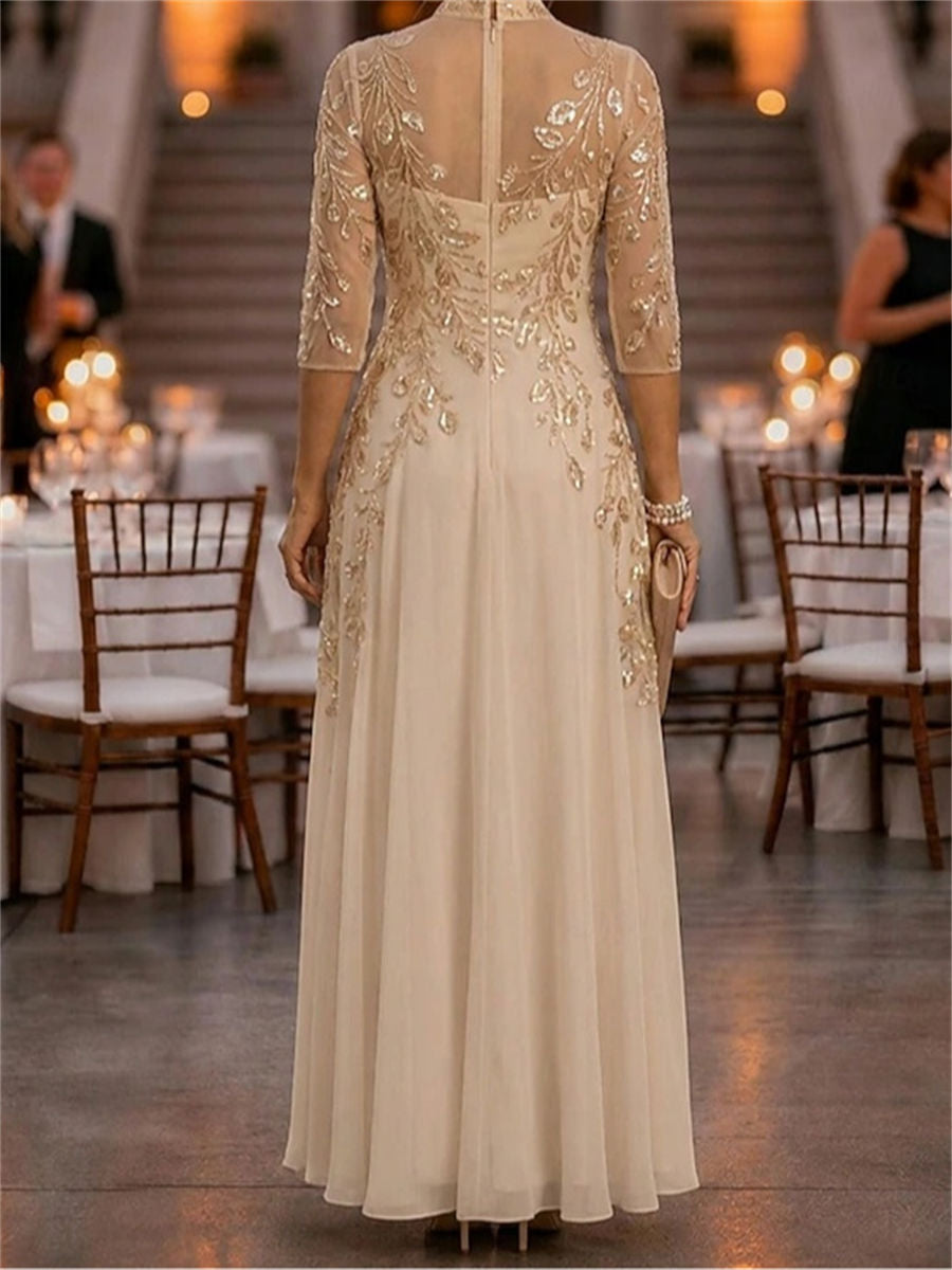 A-line/Princess High Neck 3/4 Sleeves Appliques Lace Floor-Length Chiffon Corset Mother of the Bride Dress