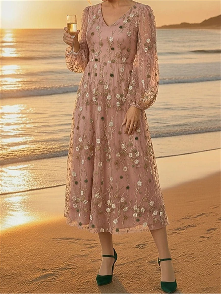 A-line/Princess V-neck Long Sleeves Appliques Lace Tea-Length Lace Corset Mother of the Bride Dress